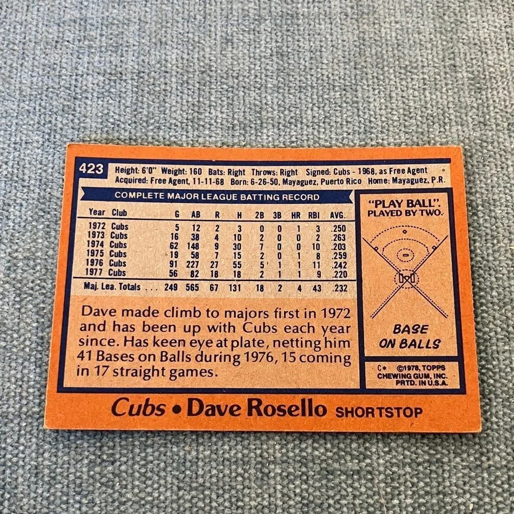 1978 Topps Chicago Cubs Baseball Card Trading Card
